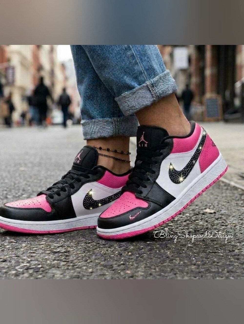 Bling Jordan 1 Low Women's Shoes Pink Black Customized With Swarovski Crystals